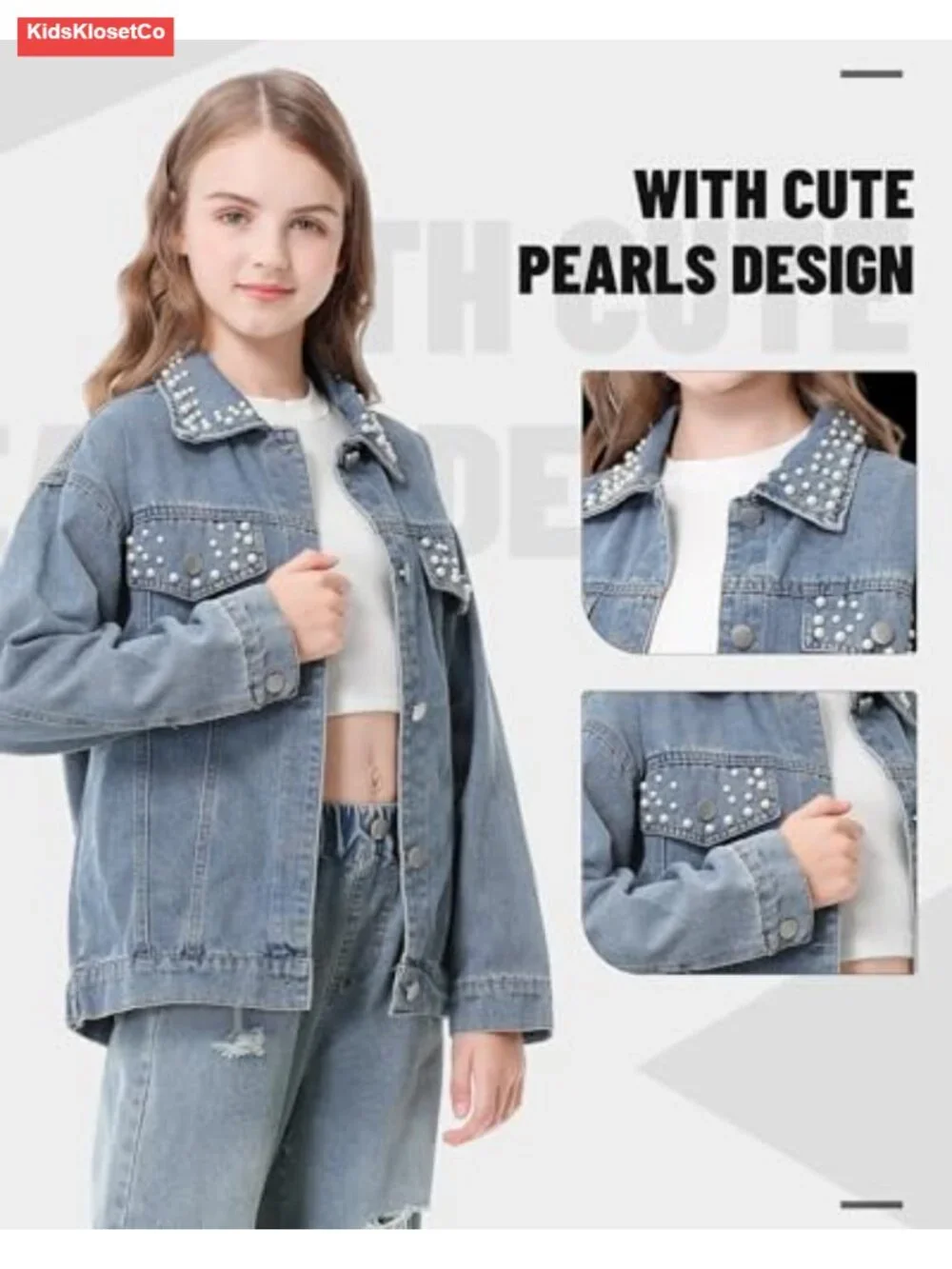 Girls Denim Jacket Oversized Trucker Button Down Pearl Design 5-14Y